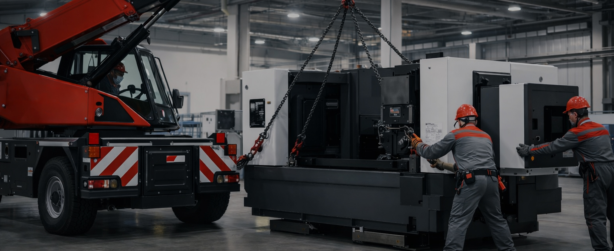 movimentazione e posizionamento di macchinari industriali all'interno di uno stabilimento produttivo