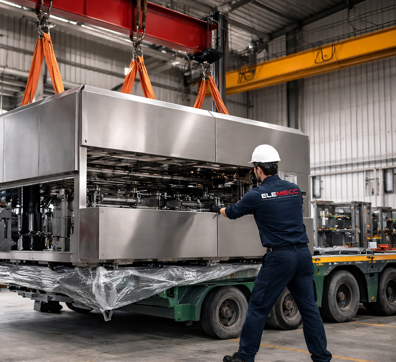 movimentazione di macchinari industriali con carroponte all'interno di uno stabilimento produttivo