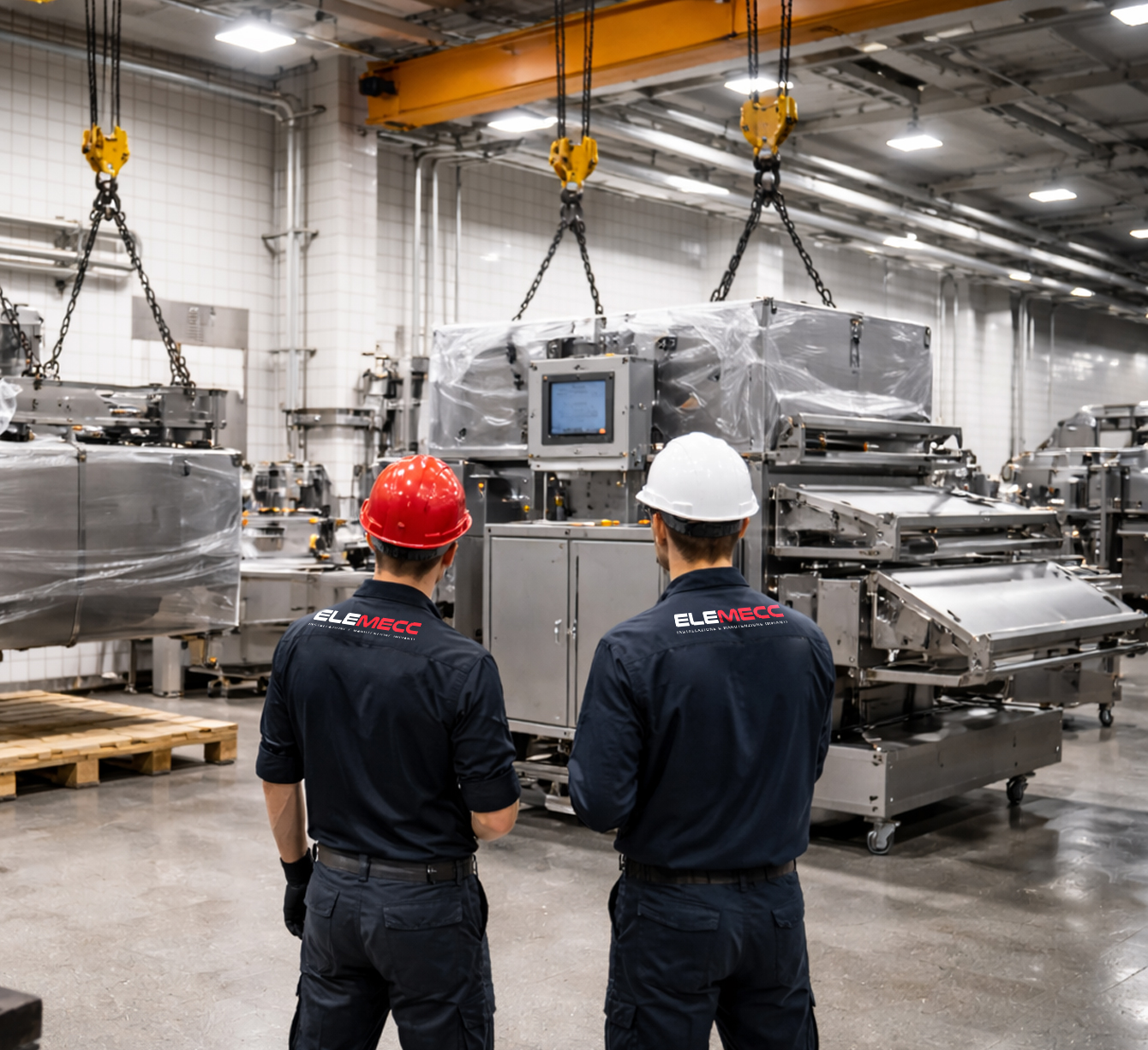 movimentazione e posizionamento di macchinari industriali all'interno di uno stabilimento produttivo