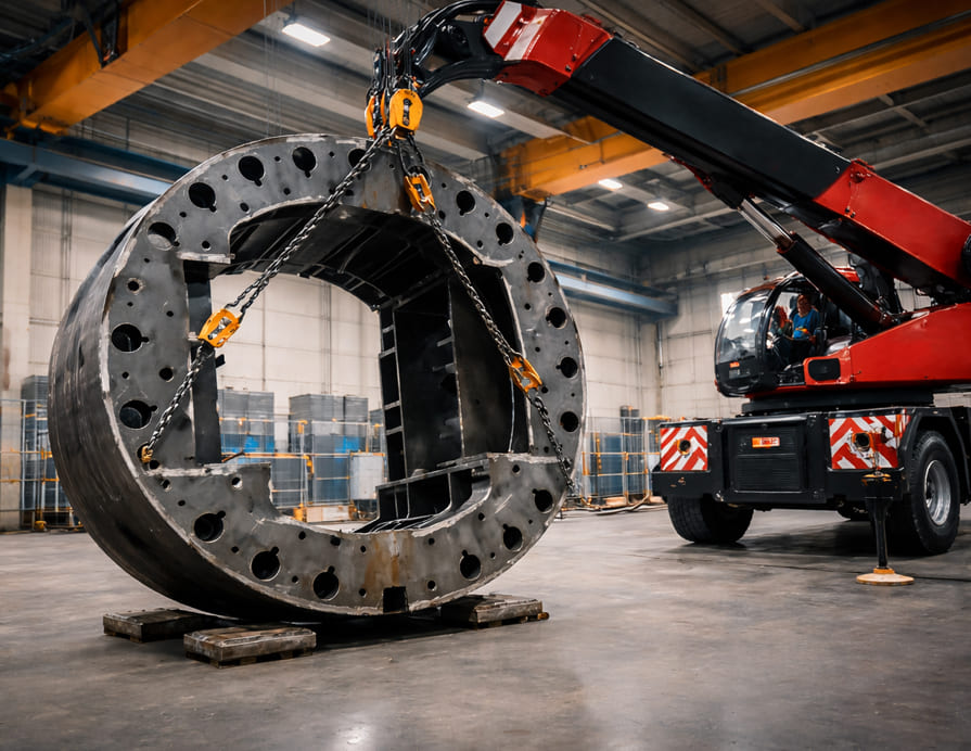 movimentazione e posizionamento di macchinari industriali all'interno di uno stabilimento produttivo