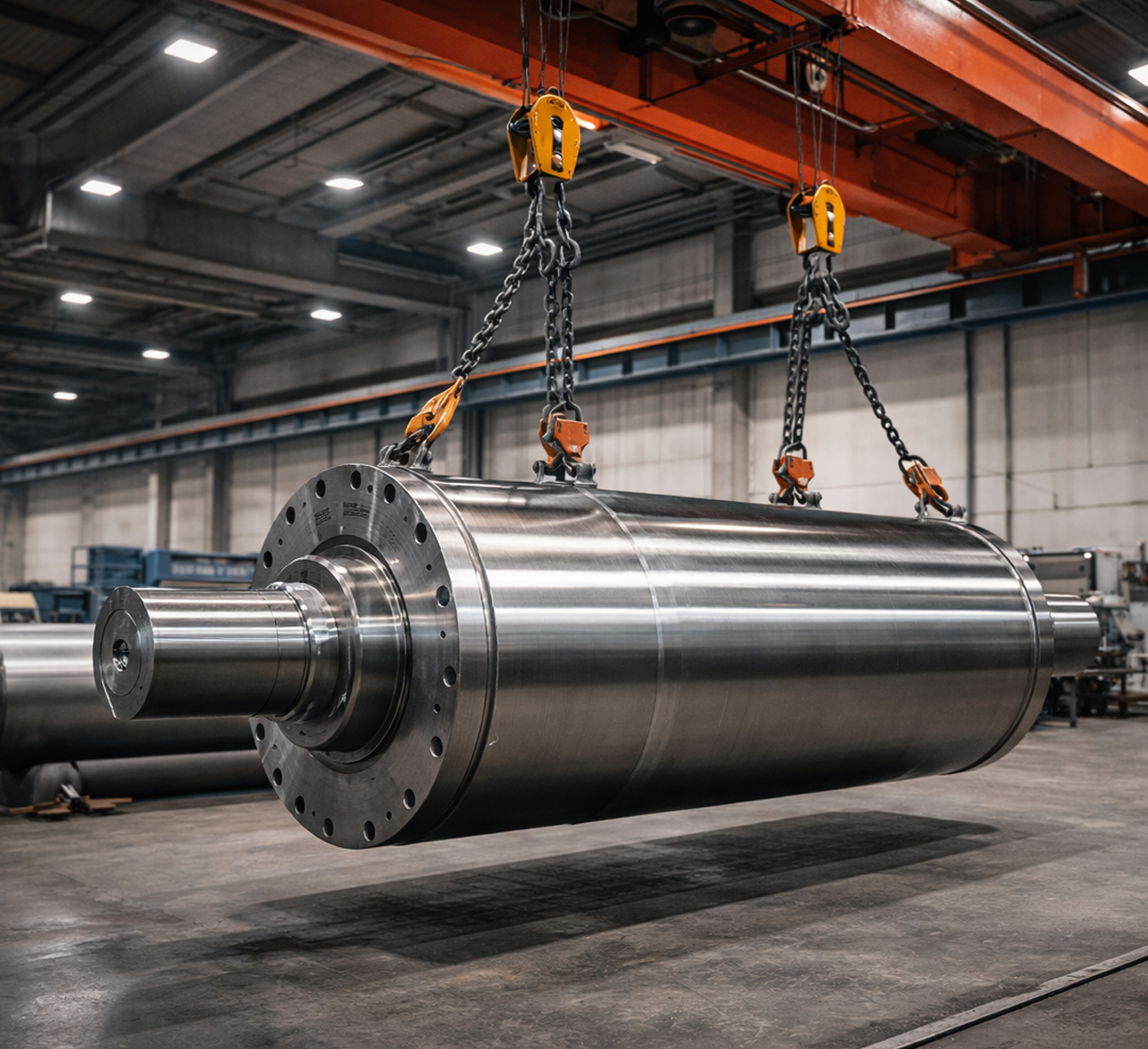 movimentazione di componente industriale pesante con carroponte all'interno di uno stabilimento