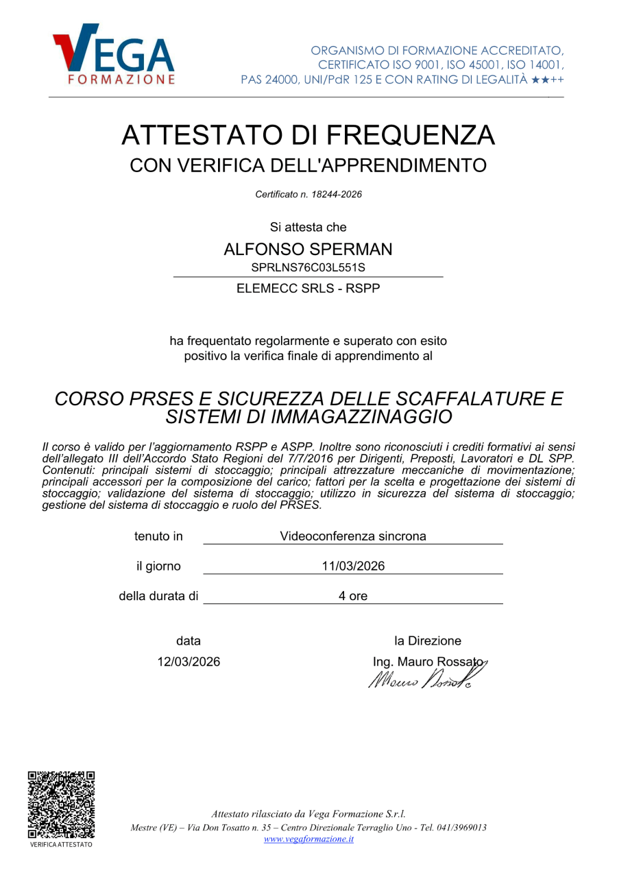 attestato corso sicurezza scaffalature e sistemi di immagazzinaggio PRSES